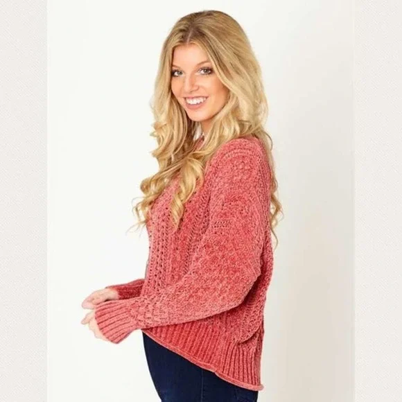 SOLD LIVE Chenille Sweater NEW Rose Pink Semi Crop Sweater - Picture 2 of 5